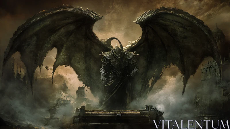 Armored demon lord rises over a ruined, smoke-choked city