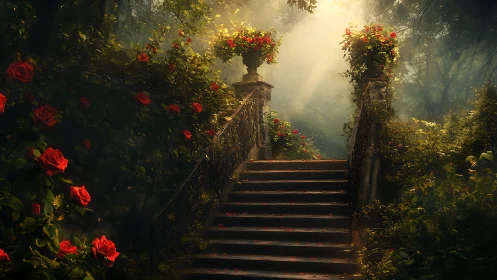 Sunlit stone garden stairs rise into a dreamy secret haven