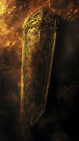 Gilded ornamental coffin rendered in high contrast cinematic lighting