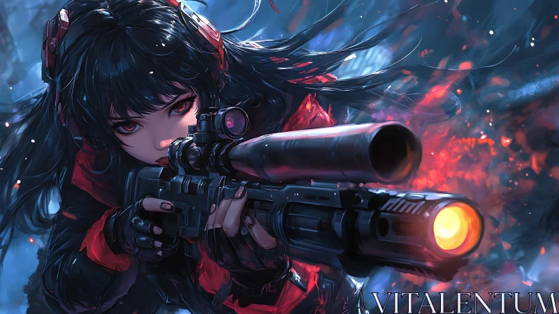 Focused anime sniper with glowing rifle muzzle in battle.