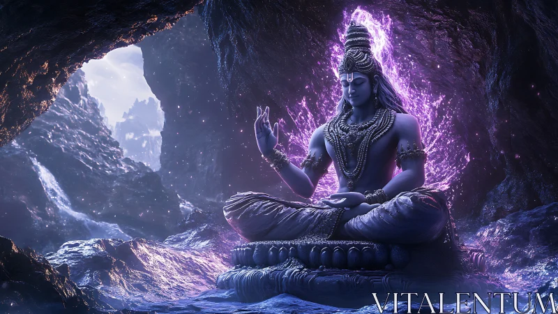 Divine blue yogi meditating in luminous crystal cavern.