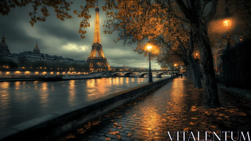 Golden Paris riverside stroll under moody autumn skies.