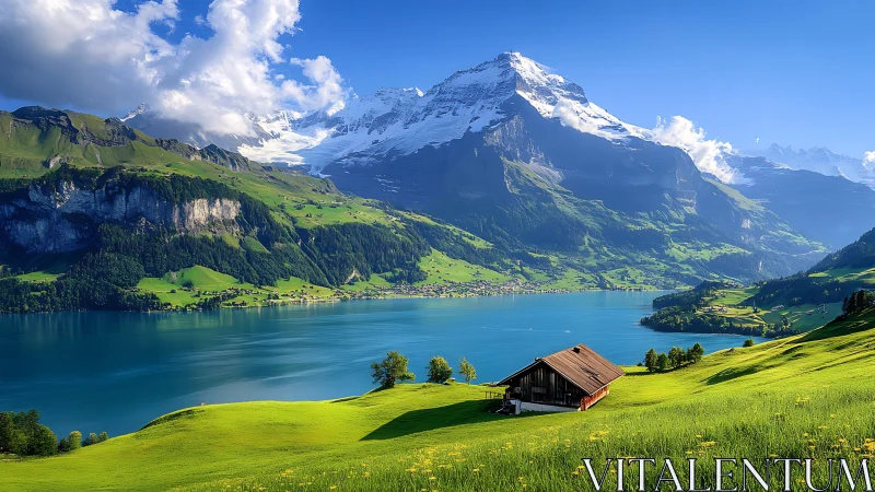 Photorealistic alpine lake valley with chalet foreground perspective.