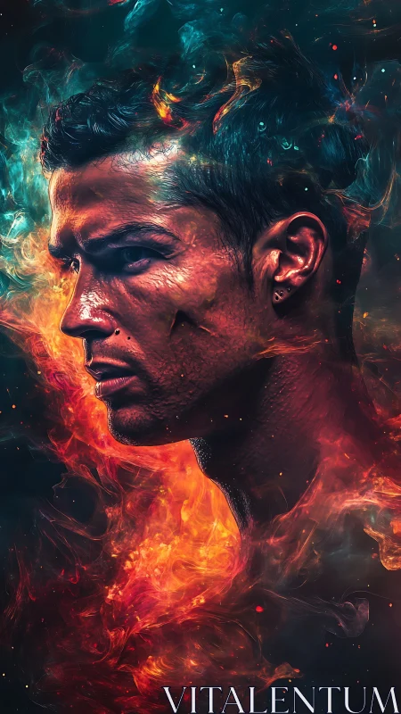 Molten warrior portrait wrapped in nebula fire and cinders.