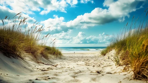 Sandy dune path leads toward distant shoreline and waves