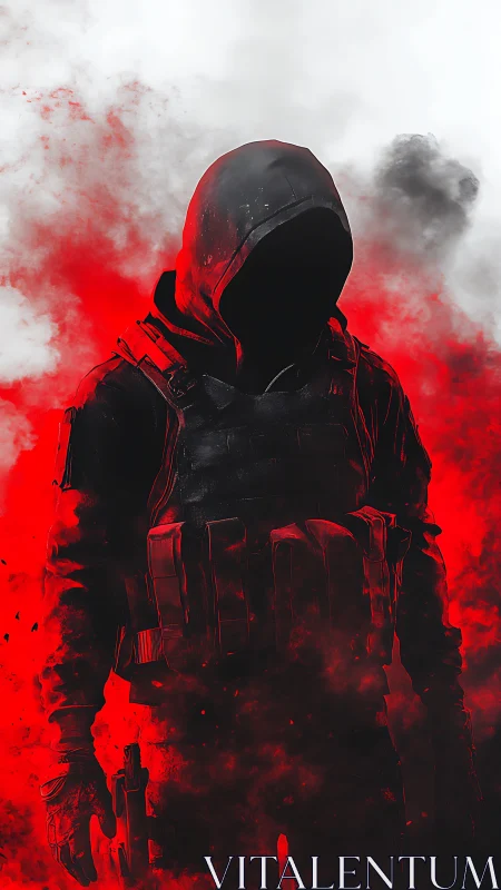 Hooded tactical operative emerging from red combat smoke.
