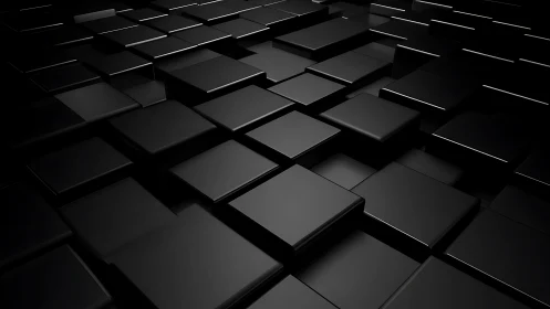 Black 3D square tiles form staggered reflective surface