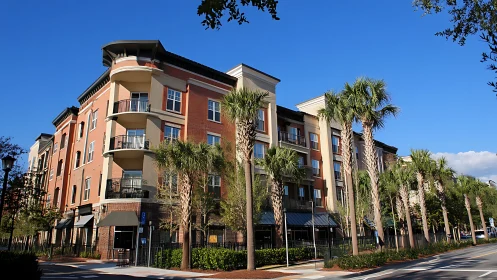 Modern mixed use apartment building with palm lined street.