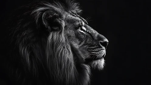 Monochrome lion profile in dramatic low key portrait lighting.