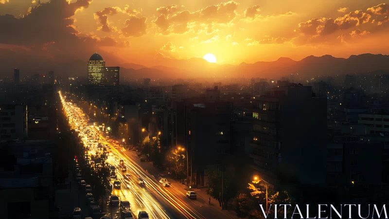City traffic streaks under vivid orange sunset sky.