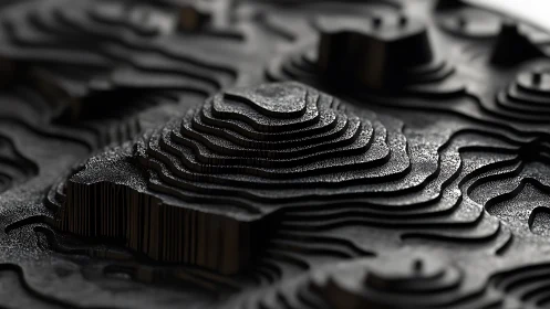 Layered midnight topography in sculpted abstract relief.