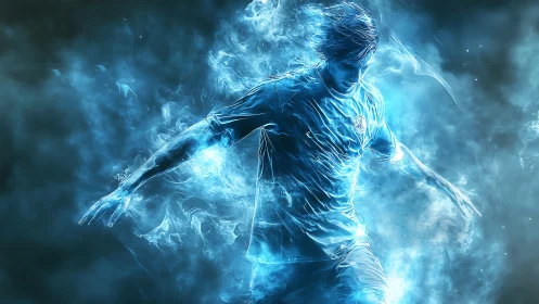 Energetic blue digital soccer player formed from glowing smoke.
