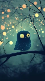 Stylized owl on branch amid glowing forest orbs at night.