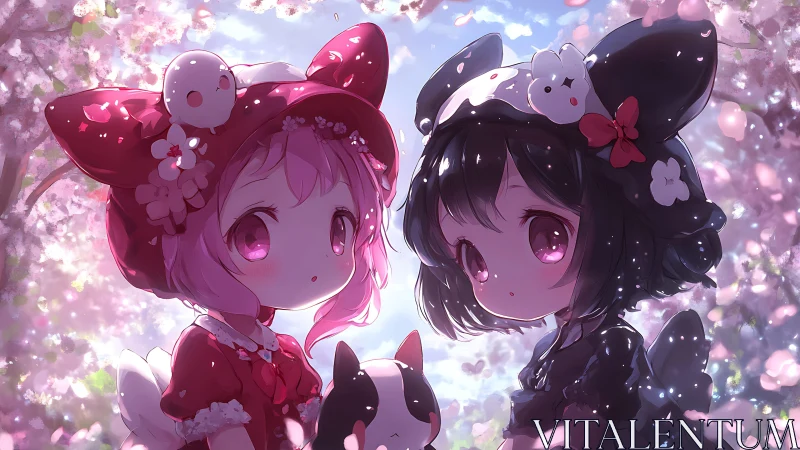 Blossom-kissed chibi cat girls cradle springtime magic hush.