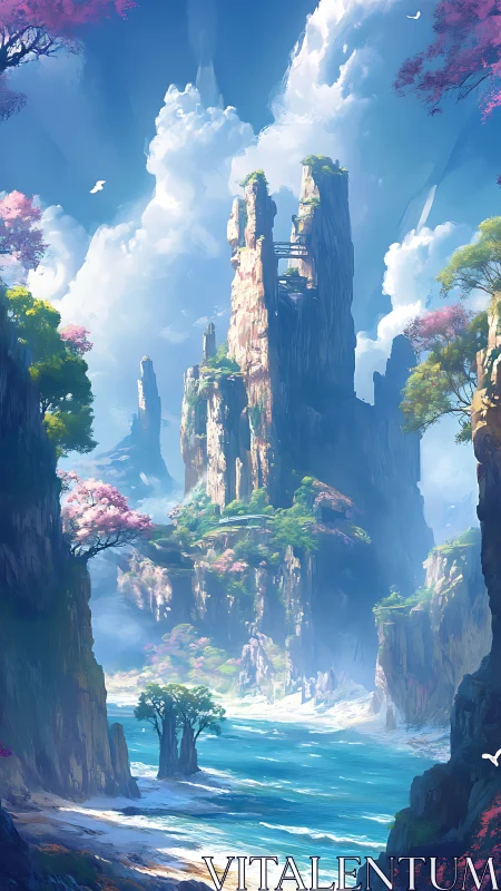 Towering fantasy cliffs over turquoise river valley.