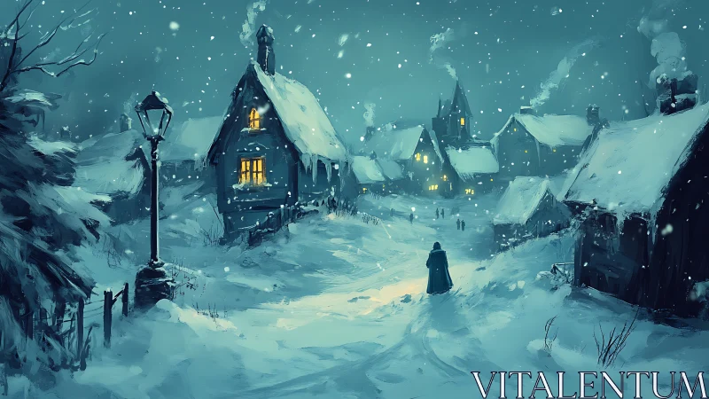 Snowbound village street with cloaked lone wanderer.