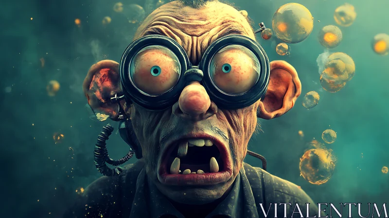 Panicked bubblebound inventor with runaway goggles explosion.