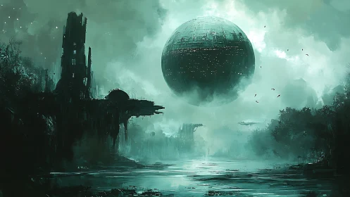 Colossal alien sphere looms above misty ruined landscape.