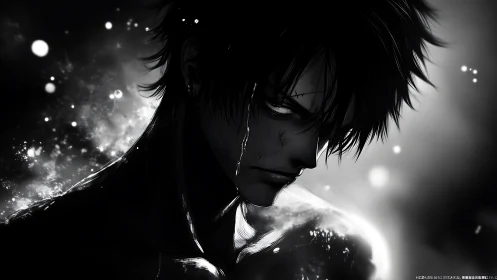 Brooding anime warrior drenched in stark monochrome light.