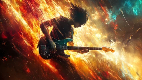 Electric guitarist ignites cosmic storm with searing riffs.