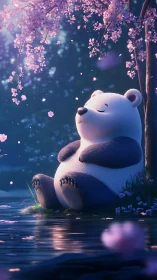 Stylized panda model rests by reflective water under blossoms
