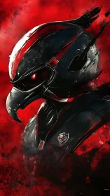 Armored cyber raven warrior in blood-red stormscape.