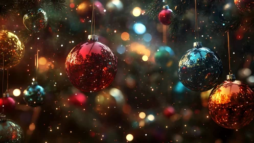 Glistening Christmas baubles glow softly in festive bokeh light