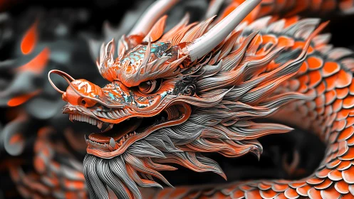 Fiery scaled dragon coiled in shimmering silver and orange.