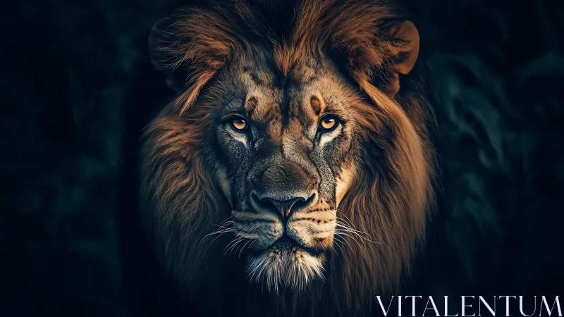 Majestic lion stares through dramatic shadows in darkness.