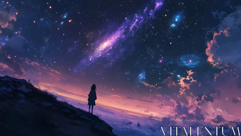 Silhouette observing twilight shore under dense starfield.