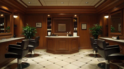 Warm wood-paneled barbershop with inviting classic charm.