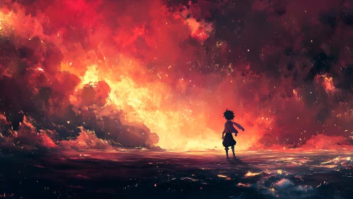 Child faces burning sky over storm-lit reflective ocean.