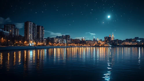 City skyline glows under a calm starry night by the water