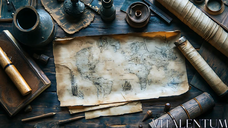 Antique world map on desk with navigation and writing tools.