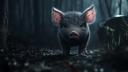 Nocturnal piglet closeup in volumetric forest lighting.