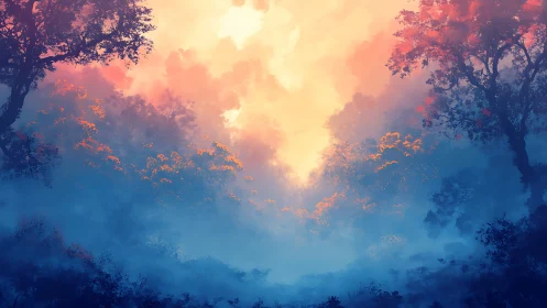 Misty Forest Valley Sunrise Breaking Through Silhouetted Trees