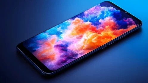 Modern smartphone with vibrant abstract cloud wallpaper, digital art.