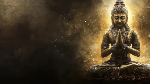 Golden serenity: radiant Buddha statue in quiet prayer.