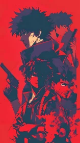 Neo-noir anime gunfighters stand layered in crimson shadows