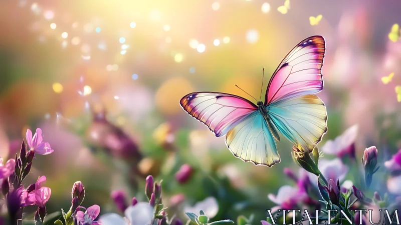 Pastel butterfly over glowing spring flower meadow.