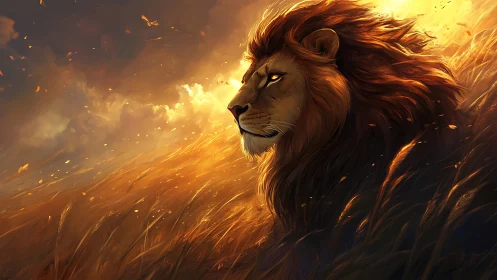 Majestic lion profile in golden sunset grasslands scene.