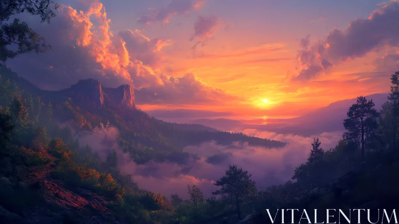 Sunset over mist-filled forest valley with distant cliffs.