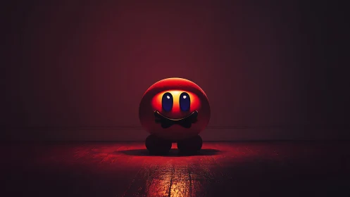 Cute red orb character glows alone in a dark wooden room