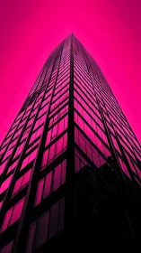 Neon magenta skyscraper rendered in extreme low-angle perspective