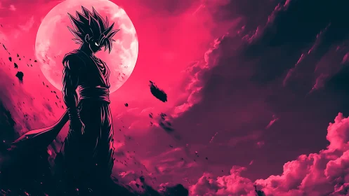 Saiyan warrior stands beneath crimson moonlit storm sky.