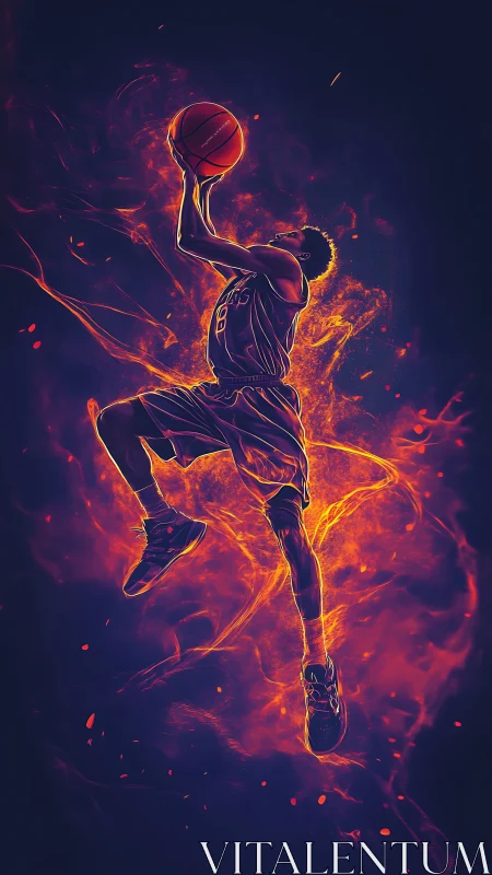 Explosive basketball dunk ignites in neon fire and motion.