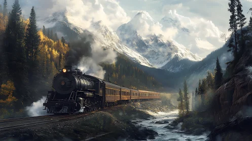 Steam locomotive hauls vintage consist through alpine river valley