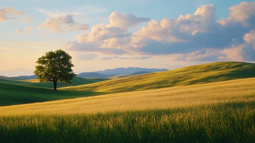 Solitary deciduous tree on sunlit rolling grassland at sunset