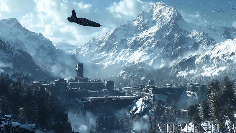 Starship patrol over frostbound fortress in towering peaks.
