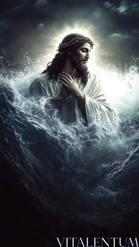 Radiant robed figure emerging from storm-tossed ocean waves.